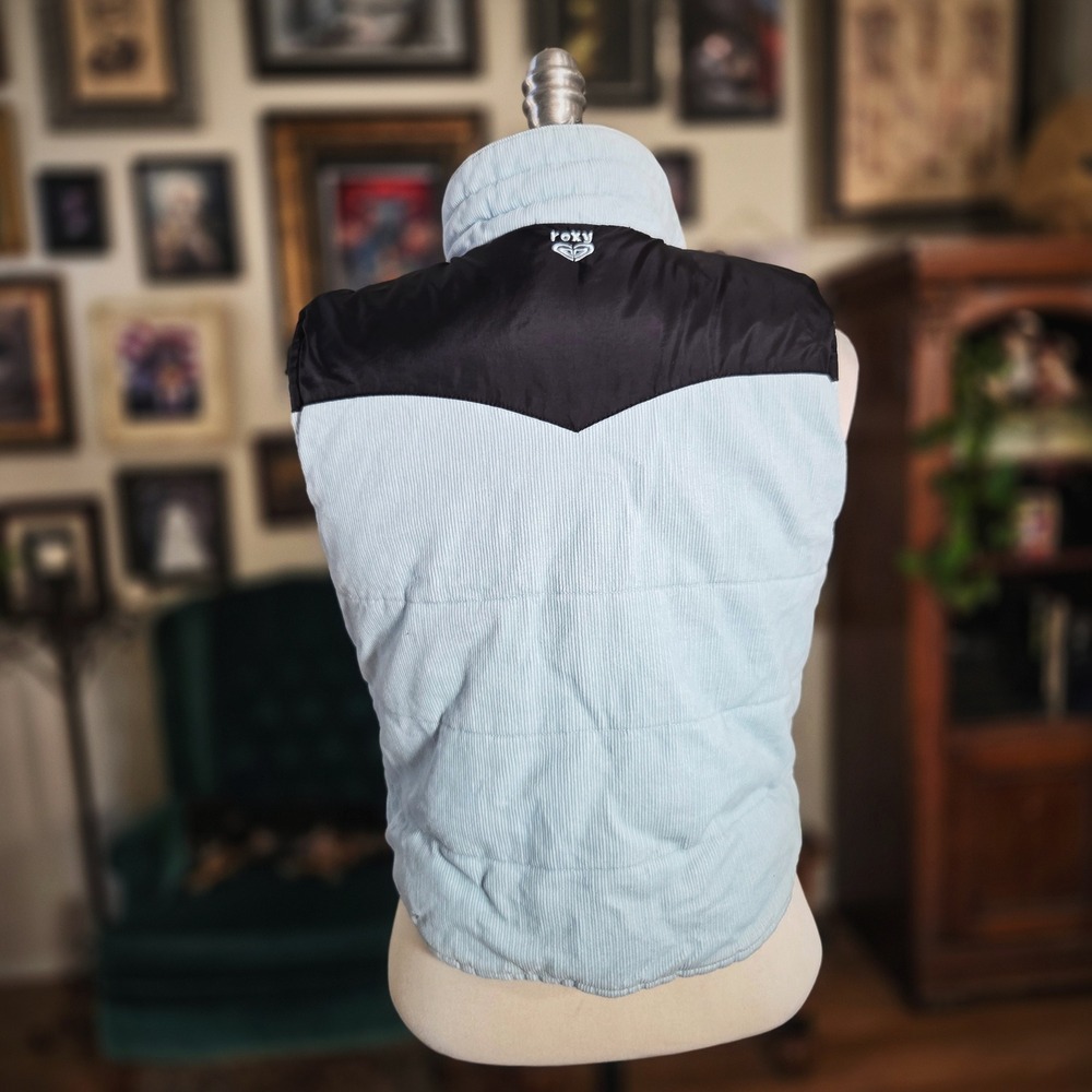 Vintage Y2K Roxy Puffer Vest Light Blue Corduroy Snap Front Sweatshirt Pullover - Picture 4 of 8